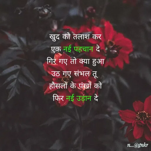 Quote by लेखNiii - खुद को तलाश कर
एक नई पहचान दे
गिर गए तो क्या हुआ
उठ गए संभल तू
हौसलों के पंखों को
फिर नई उड़ान दे - Made using Quotes Creator App, Post Maker App