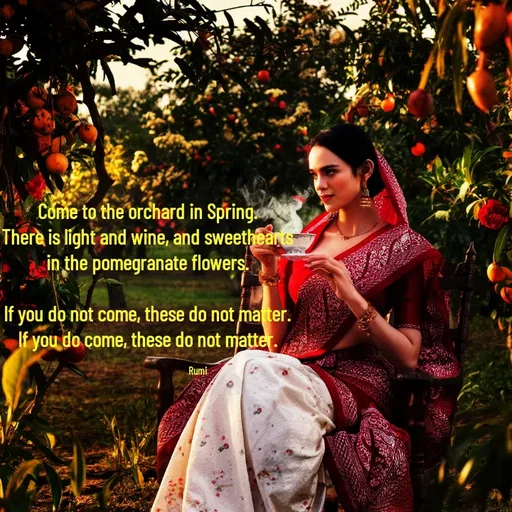 Quote by Salitha Nirmana - Come to the orchard in Spring.
There is light and wine, and sweethearts
in the pomegranate flowers.

If you do not come, these do not matter.
If you do come, these do not matter.

                                                Rumi  - Made using Quotes Creator App, Post Maker App