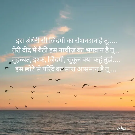 Quote by Isha Pateriya - इस अंधेरी सी जिंदगी का रोशनदान है तू.....
तेरी दीद में बैठी इस नाचीज़ का भगवान है तू... 
मुहब्बत, इश्क, जिंदगी, सुकून क्या कहूं तुझे.... 
इस छोटे से परिंदे का सारा आसमान है तू....  - Made using Quotes Creator App, Post Maker App