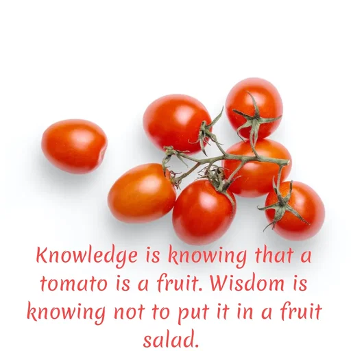 Quote by PREETI RAO - Knowledge is knowing that a tomato is a fruit. Wisdom is knowing not to put it in a fruit salad.  - Made using Quotes Creator App, Post Maker App
