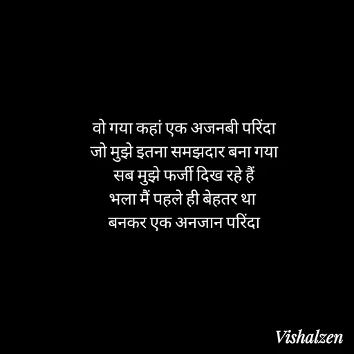 Quote by Lament - वो गया कहां एक अजनबी परिंदा
जो मुझे इतना समझदार बना गया
सब मुझे फर्जी दिख रहे हैं
भला मैं पहले ही बेहतर था 
बनकर एक अनजान परिंदा - Made using Quotes Creator App, Post Maker App