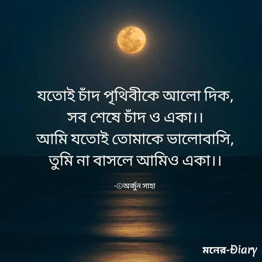 Quote by Arjun Saha - যতোই চাঁদ পৃথিবীকে আলো দিক,
সব শেষে চাঁদ ও একা।।
আমি যতোই তোমাকে ভালোবাসি,
তুমি না বাসলে আমিও একা।।

-©অর্জুন সাহা  - Made using Quotes Creator App, Post Maker App