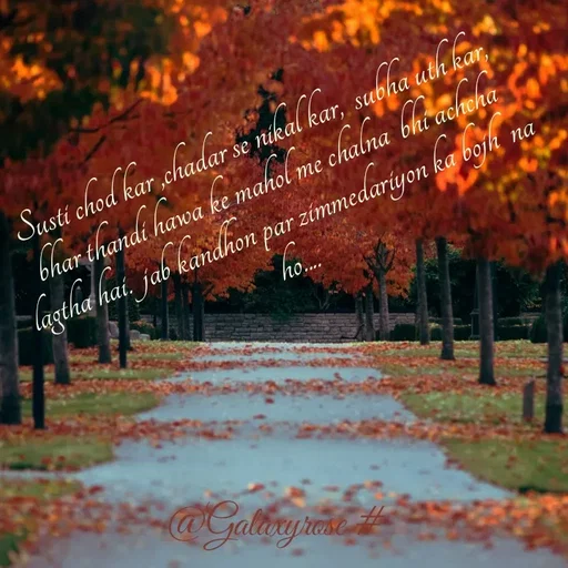 Quote by Galaxyrose - Susti chod kar ,chadar se nikal kar,  subha uth kar,  bhar thandi hawa ke mahol me chalna  bhi achcha lagtha hai.  jab kandhon par zimmedariyon ka bojh  na ho.... - Made using Quotes Creator App, Post Maker App