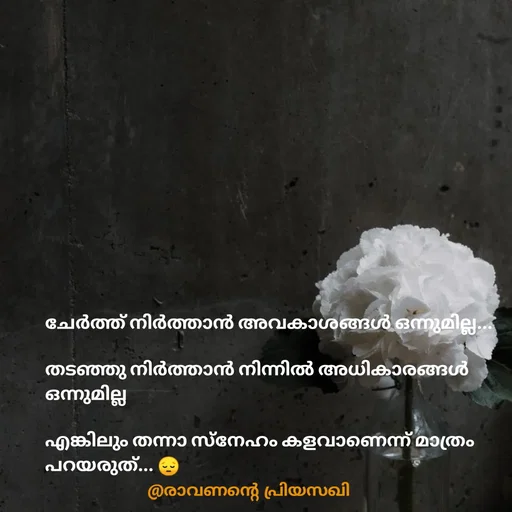 Quote by Adeena Riyas - ചേർത്ത് നിർത്താൻ അവകാശങ്ങൾ ഒന്നുമില്ല...

തടഞ്ഞു നിർത്താൻ നിന്നിൽ അധികാരങ്ങൾ ഒന്നുമില്ല

എങ്കിലും തന്നാ സ്നേഹം കളവാണെന്ന് മാത്രം പറയരുത്... 😔 - Made using Quotes Creator App, Post Maker App