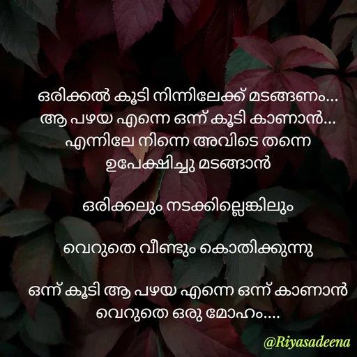 Quote by Adeena Riyas - ഒരിക്കൽ കൂടി നിന്നിലേക്ക് മടങ്ങണം...
ആ പഴയ എന്നെ ഒന്ന് കൂടി കാണാൻ...
എന്നിലേ നിന്നെ അവിടെ തന്നെ ഉപേക്ഷിച്ചു മടങ്ങാൻ

ഒരിക്കലും നടക്കില്ലെങ്കിലും

വെറുതെ വീണ്ടും കൊതിക്കുന്നു

ഒന്ന് കൂടി ആ പഴയ എന്നെ ഒന്ന് കാണാൻ
വെറുതെ ഒരു മോഹം.... - Made using Quotes Creator App, Post Maker App