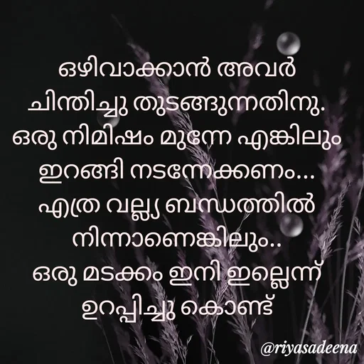 Quote by Adeena Riyas - ഒഴിവാക്കാൻ അവർ
ചിന്തിച്ചു തുടങ്ങുന്നതിനു.
ഒരു നിമിഷം മുന്നേ എങ്കിലും
ഇറങ്ങി നടന്നേക്കണം...
എത്ര വല്ല്യ ബന്ധത്തിൽ
നിന്നാണെങ്കിലും..
ഒരു മടക്കം ഇനി ഇല്ലെന്ന്
 ഉറപ്പിച്ചു കൊണ്ട്  - Made using Quotes Creator App, Post Maker App
