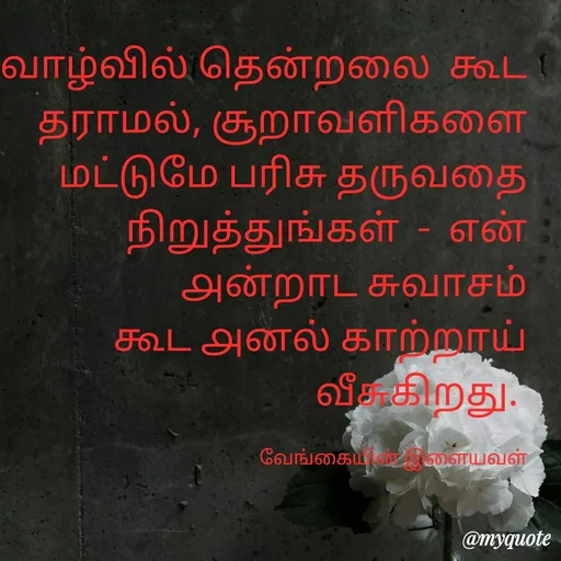 Quote by ௧லைமணி. இரா - வாழ்வில் தென்றலை  கூட தராமல், சூறாவளிகளை மட்டுமே பரிசு தருவதை நிறுத்துங்கள்  -  ௭ன் ௮ன்றாட சுவாசம் கூட ௮னல் காற்றாய்  வீசுகிறது. 

வேங்கையின் இளையவள் - Made using Quotes Creator App, Post Maker App