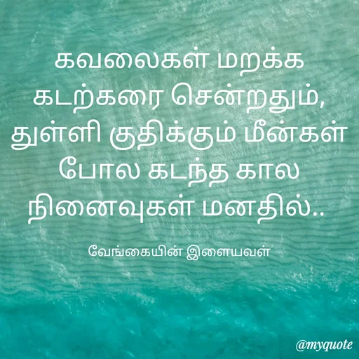 Quote by ௧லைமணி. இரா - ௧வலைகள் மறக்க ௧டற்கரை சென்றதும்,  துள்ளி குதிக்கும் மீன்கள் போல ௧டந்த கால நினைவுகள் மனதில்.. 

வேங்கையின் இளையவள் - Made using Quotes Creator App, Post Maker App