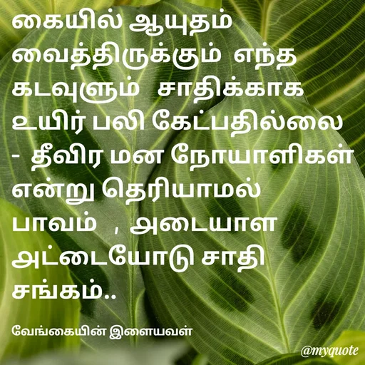 Quote by ௧லைமணி. இரா - ௧ையில் ஆயுதம்   வைத்திருக்கும்  ௭ந்த கடவுளும்   சாதிக்காக ௨யிர் பலி கேட்பதில்லை  -  தீவிர மன நோயாளிகள் ௭ன்று தெரியாமல் பாவம்   ,  ௮டையாள  
௮ட்டையோடு சாதி சங்கம்.. 

வேங்கையின் இளையவள் - Made using Quotes Creator App, Post Maker App