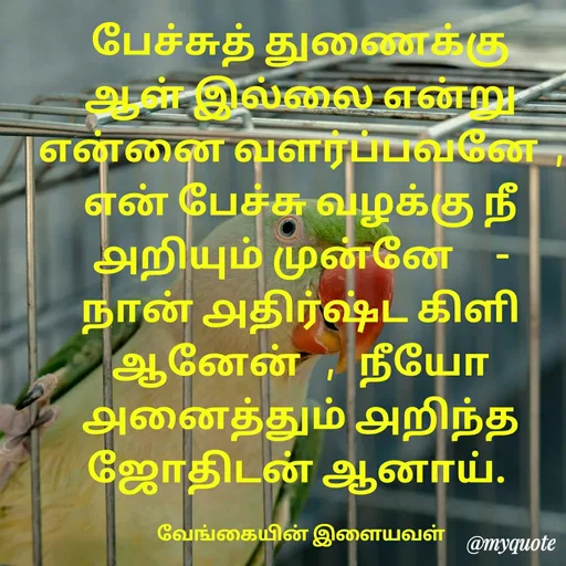 Quote by ௧லைமணி. இரா - பேச்சுத் துணைக்கு ஆள் இல்லை என்று ௭ன்னை வளர்ப்பவனே  ,  ௭ன் பேச்சு வழக்கு நீ ௮றியும் முன்னே     -    நான் ௮திர்ஷ்ட கிளி ஆனேன்   ,   நீயோ  ௮னைத்தும் ௮றிந்த  ஜோதிடன் ஆனாய். 

வேங்கையின் இளையவள் - Made using Quotes Creator App, Post Maker App
