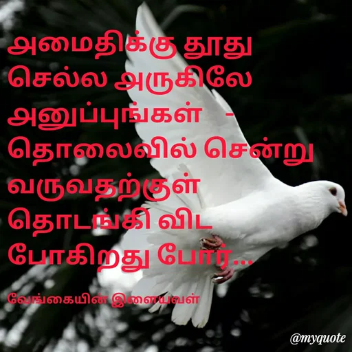 Quote by ௧லைமணி. இரா - ௮மைதிக்கு தூது செல்ல ௮ருகிலே ௮னுப்புங்கள்    -   தொலைவில் சென்று வருவதற்குள் தொடங்கி விட போகிறது போர்... 

வேங்கையின் இளையவள் - Made using Quotes Creator App, Post Maker App