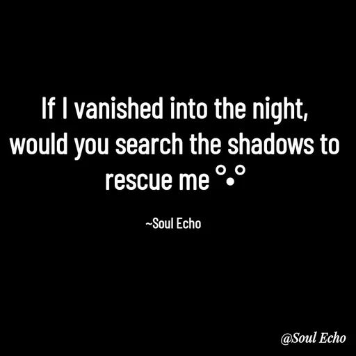 Quote by Soul Echo - If I vanished into the night, would you search the shadows to rescue me °•°

~Soul Echo  - Made using Quotes Creator App, Post Maker App