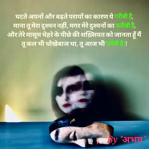 Quote by Abhay Kumar - घटते अपनों और बढ़ते परायों का कारण ये गरीबी है,
माना तू मेरा दुश्मन नहीं, मगर मेरे दुश्मनों का करीबी है,
और तेरे मासूम चेहरे के पीछे की शख़्सियत को जानता हूँ मैं
तू कल भी धोखेबाज था, तू आज भी फरेबी है!! - Made using Quotes Creator App, Post Maker App