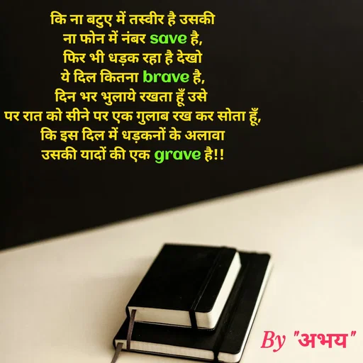 Quote by Abhay Kumar - कि ना बटुए में तस्वीर है उसकी
ना फोन में नंबर save है,
फिर भी धड़क रहा है देखो
ये दिल कितना brave है,
दिन भर भुलाये रखता हूँ उसे 
पर रात को सीने पर एक गुलाब रख कर सोता हूँ,
कि इस दिल में धड़कनों के अलावा
उसकी यादों की एक grave है!! - Made using Quotes Creator App, Post Maker App