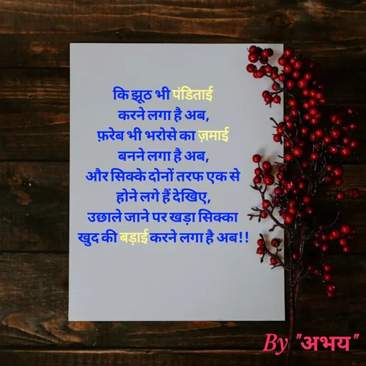 Quote by Abhay Kumar - कि झूठ भी पंडिताई 
करने लगा है अब,
फ़रेब भी भरोसे का ज़माई 
बनने लगा है अब,
और सिक्के दोनों तरफ एक से 
होने लगे हैं देखिए,
उछाले जाने पर खड़ा सिक्का 
खुद की बड़ाई करने लगा है अब!! - Made using Quotes Creator App, Post Maker App