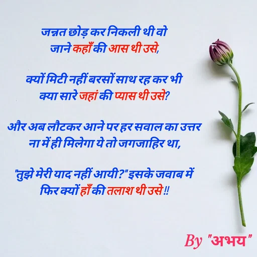 Quote by Abhay Kumar - जन्नत छोड़ कर निकली थी वो 
जाने कहाँ की आस थी उसे,

क्यों मिटी नहीं बरसों साथ रह कर भी
क्या सारे जहां की प्यास थी उसे?

और अब लौटकर आने पर हर सवाल का उत्तर 
ना में ही मिलेगा ये तो जगजाहिर था,

"तुझे मेरी याद नहीं आयी?" इसके जवाब में 
फिर क्यों हाँ की तलाश थी उसे !! - Made using Quotes Creator App, Post Maker App