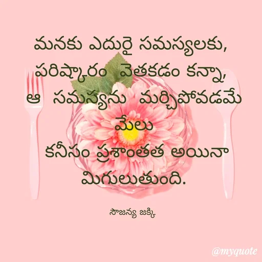 Quote by quotes - మనకు ఎదురై సమస్యలకు, 
పరిష్కారం  వెతకడం కన్నా, 
ఆ  సమస్యను  మర్చిపోవడమే మేలు
 కనీసం ప్రశాంతత అయినా మిగులుతుంది.

సౌజన్య జక్కి  - Made using Quotes Creator App, Post Maker App