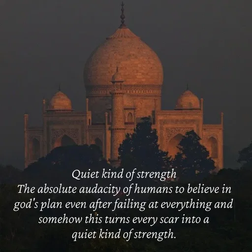 Quote by Strong_willed_girl -  Quiet kind of strength 
The absolute audacity of humans to believe in god's plan even after failing at everything and somehow this turns every scar into a
quiet kind of strength. - Made using Quotes Creator App, Post Maker App