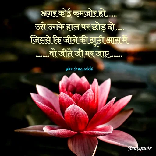 Quote by @ Krishna Sakhi sevika - अगर कोई कमजोर हो...... 
 उसे उसके हाल पर छोड़ दो..... 
जिससे कि जीने की झूठी आस में 
........वो जीते जी मर जाए....... 

@krishna sakhi - Made using Quotes Creator App, Post Maker App