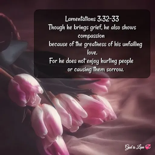 Quote by Venny - Lamentations 3:32-33
Though he brings grief, he also shows compassion 
    because of the greatness of his unfailing love.
For he does not enjoy hurting people 
    or causing them sorrow. - Made using Quotes Creator App, Post Maker App