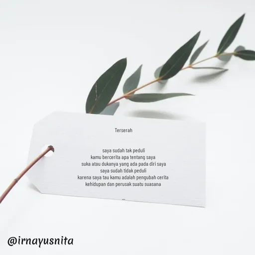 Quote by Irna Yusnita - Terserah


saya sudah tak peduli
kamu bercerita apa tentang saya 
suka atau dukanya yang ada pada diri saya
saya sudah tidak peduli 
karena saya tau kamu adalah pengubah cerita 
kehidupan dan perusak suatu suasana 

...
 - Made using Quotes Creator App, Post Maker App