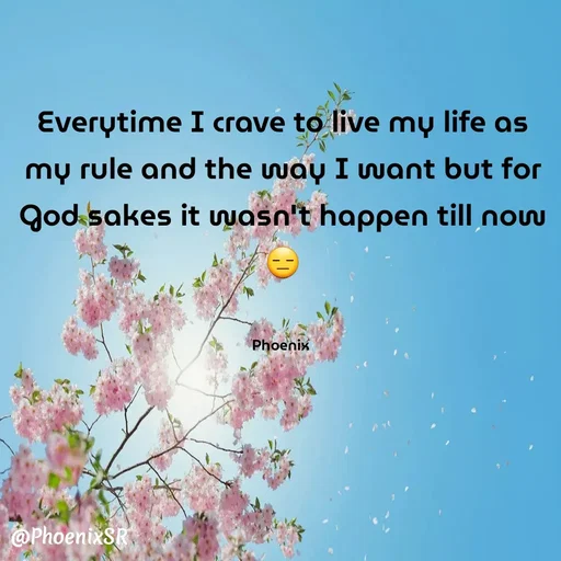 Quote by Shailja - Everytime I crave to live my life as my rule and the way I want but for God sakes it wasn't happen till now😑


Phoenix  - Made using Quotes Creator App, Post Maker App