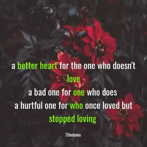 Quote by oluwaseun Dami - a better heart for the one who doesn't love
a bad one for one who does 
a hurtful one for who once loved but stopped loving 

Tifeoluwa  - Made using Quotes Creator App, Post Maker App