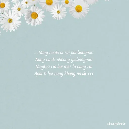Quote by Lizzy - 
....Nang na de ai rui jianliangmei
Nang na de akhang gailiangmei
Ninglou rio bai mei ta nang rui
Apanti hei nang khang na de <<< - Made using Quotes Creator App, Post Maker App
