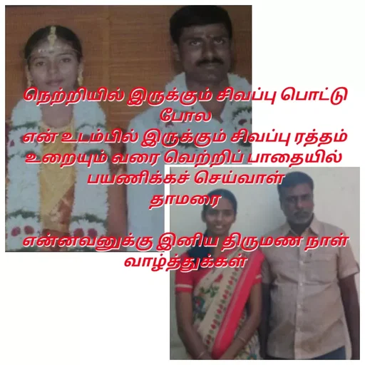 Quote by Thamarai Selvi - நெற்றியில் இருக்கும் சிவப்பு பொட்டு போல
என் உடம்பில் இருக்கும் சிவப்பு ரத்தம் உறையும் வரை வெற்றிப் பாதையில் 
பயணிக்கச் செய்வாள்
தாமரை

என்னவனுக்கு இனிய திருமண நாள் வாழ்த்துக்கள் - Made using Quotes Creator App, Post Maker App