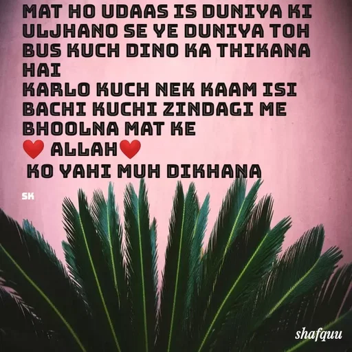Quote by Jaanvi - mat ho udaas is duniya ki uljhano se ye duniya toh bus kuch Dino ka thikana hai 
karlo kuch nek kaam isi bachi kuchi zindagi me bhoolna mat ke
❤️ Allah❤️
 ko yahi muh dikhana 

sk - Made using Quotes Creator App, Post Maker App