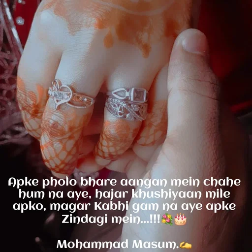 Quote by Mohammad Masum - Apke pholo bhare aangan mein chahe hum na aye, hajar khushiyaan mile apko, magar Kabhi gam na aye apke Zindagi mein...!!!💐🎂

Mohammad Masum.✍️ - Made using Quotes Creator App, Post Maker App