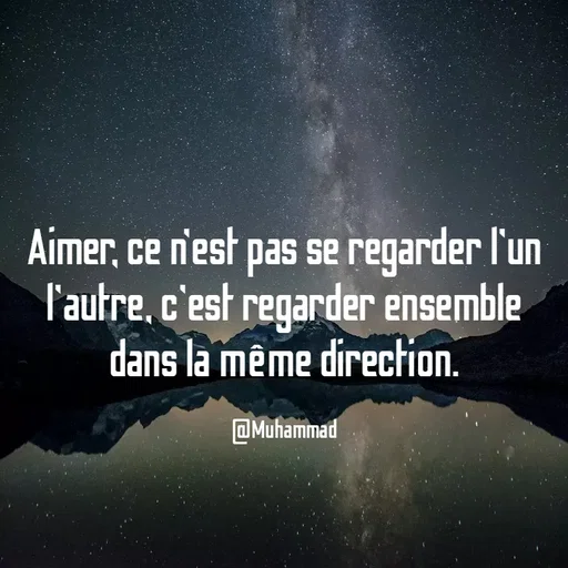 Quote by Muhammad - Aimer, ce n’est pas se regarder l’un l’autre, c’est regarder ensemble dans la même direction.

@Muhammad - Made using Quotes Creator App, Post Maker App
