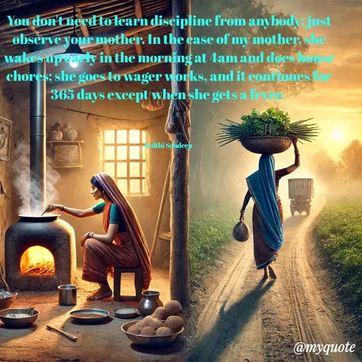 Quote by KALTHI SANDEEP - You don't need to learn discipline from anybody; just observe your mother. In the case of my mother, she wakes up early in the morning at 4am and does house chores; she goes to wager works, and it continues for 365 days except when she gets a fever. 



Kalthi Sandeep  - Made using Quotes Creator App, Post Maker App