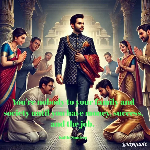 Quote by KALTHI SANDEEP - You're nobody to your family and society until you have money, success, and the job. 

Kalthi Sandeep  - Made using Quotes Creator App, Post Maker App