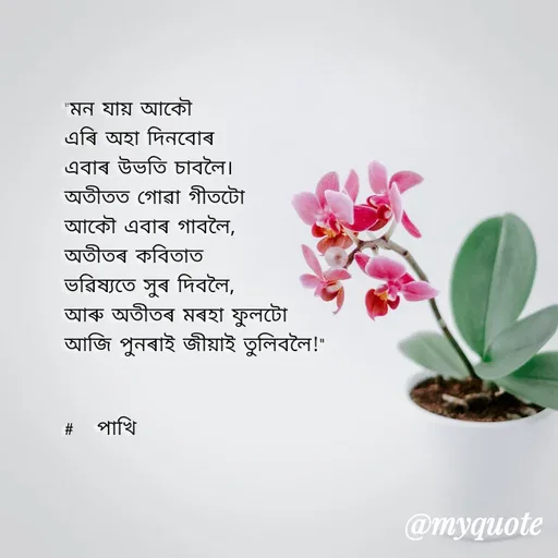 Quote by Jamchar Ali Ahmed - "মন যায় আকৌ
এৰি অহা দিনবোৰ
এবাৰ উভতি চাবলৈ।
অতীতত গোৱা গীতটো 
আকৌ এবাৰ গাবলৈ,
অতীতৰ কবিতাত
ভৱিষ্যতে সুৰ দিবলৈ,
আৰু অতীতৰ মৰহা ফুলটো
আজি পুনৰাই জীয়াই তুলিবলৈ!"

                
#   পাখি  - Made using Quotes Creator App, Post Maker App