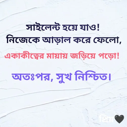 Quote by Partho Modak - সাইলেন্ট হয়ে যাও! 
নিজেকে আড়াল করে ফেলো,একাকীত্বের মায়ায় জড়িয়ে পড়ো!অতঃপর, সুখ নিশ্চিত। - Made using Quotes Creator App, Post Maker App