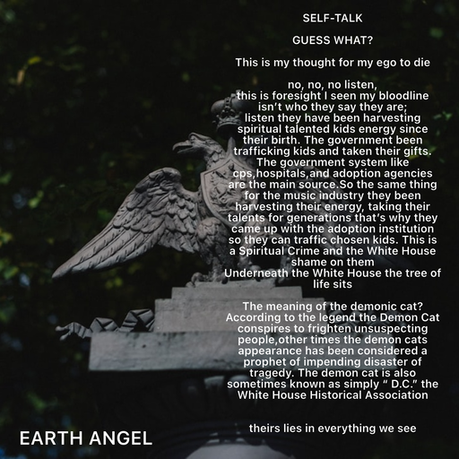 Quote by EarthAngel - SELF-TALK 
 
GUESS WHAT? 
 
This is my thought for my ego to die 
 
no, no, no listen, 
this is foresight I seen my bloodline isn’t who they say they are;  
listen they have been harvesting spiritual talented kids energy since their birth. The government been trafficking kids and taken their gifts. The government system like cps,hospitals,and adoption agencies are the main source.So the same thing for the music industry they been harvesting their energy, taking their talents for generations that’s why they came up with the adoption institution so they can traffic chosen kids. This is a Spiritual Crime and the White House shame on them  
Underneath the White House the tree of life sits 
 
The meaning of the demonic cat? 
According to the legend the Demon Cat conspires to frighten unsuspecting people,other times the demon cats appearance has been considered a prophet of impending disaster of tragedy. The demon cat is also sometimes known as simply “ D.C.” the White House Historical Association  
 
 
theirs lies in everything we see - Made using Quotes Creator App, Post Maker App
