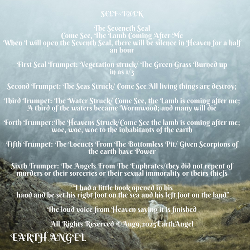 Quote by EarthAngel - S€£F~T@£K 
 
The Seveneth Seal  
Come See, The Lamb Coming After Me 
When I will open the Seventh Seal, there will be silence in Heaven for a half an hour  
 
First Seal Trumpet: Vegetation struck/ The Green Grass Burned up 
in as 1/3 
 
Second Trumpet: The Seas Struck/ Come See All living things are destroy;  
 
Third Trumpet: The Water Struck/ Come See, the Lamb is coming after me; A third of the waters became Wormwood; and many will die 
 
Forth Trumper:The Heavens Struck/Come See the lamb is coming after me; woe, woe, woe to the inhabitants of the earth 
 
Fifth Trumpet: The Locucts From The Bottomless Pit/ Given Scorpions of the earth have Power 
 
Sixth Trumper: The Angels From The Euphrates/they did not repent of murders or their sorceries or their sexual immorality or theirs thiefs 
 
“I had a little book opened in his 
 hand and he set his right foot on the sea and his left foot on the land” 
 
The loud voice from Heaven saying it is finished 
 
All Rights Reserved ©️Aug9,2025EarthAngel 
 - Made using Quotes Creator App, Post Maker App