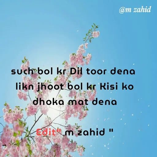 Quote by Muhammad Zahid - such bol kr Dil toor dena 
likn jhoot bol kr Kisi ko dhoka mat dena

Edit" m zahid " - Made using Quotes Creator App, Post Maker App