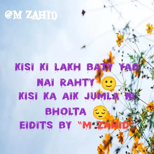 Quote by Muhammad Zahid - kisi ki lakh baty yad nai rahty 🙂
Kisi ka aik jumla ni bholta 😔
Eidits by "m zahid" - Made using Quotes Creator App, Post Maker App