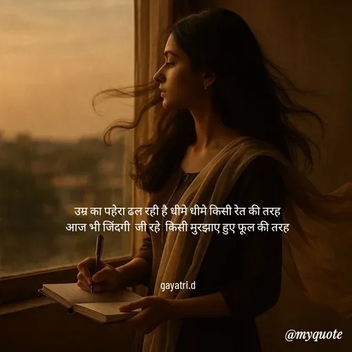Quote by Taniya kumari Upadhyay  a k - उम्र का पहेरा ढल रही है धीमे धीमे किसी रेत की तरह
 आज भी जिंदगी  जी रहे  किसी मुरझाए हुए फूल की तरह 



gayatri.d - Made using Quotes Creator App, Post Maker App