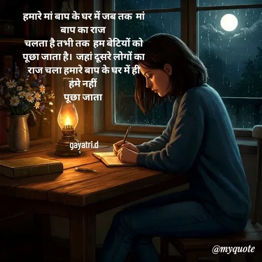 Quote by Taniya kumari Upadhyay  a k - हमारे मां बाप के घर में जब तक  मां बाप का राज 
चलता है तभी तक  हम बेटियों को पूछा जाता है।  जहां दूसरे लोगों का राज चला हमारे बाप के घर में ही हमे नहीं 
पूछा जाता 



gayatri.d - Made using Quotes Creator App, Post Maker App