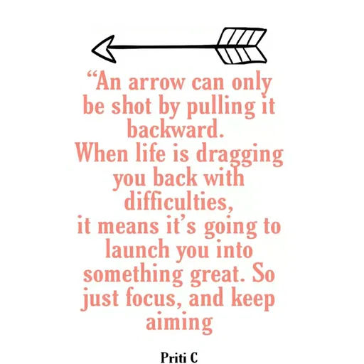 Quote by Priti Chavan - "An arrow can only
be shot by pulling it
backward.
When life is dragging
you back with
difficulties,
it means it's going to
launch you into
something great. So
just focus, and keep
aiming
Priti C
 - Made using Quotes Creator App, Post Maker App