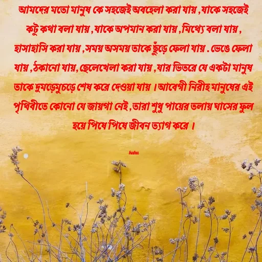 Quote by Tani's Art - আমদের মতো মানুষ কে সহজেই অবহেলা করা যায় , যাকে সহজেই কটু কথা বলা যায় , যাকে অপমান করা যায় , মিথ্যে বলা যায় , হাসাহাসি করা যায় , সময় অসময় তাকে ছুঁড়ে ফেলা যায় . ভেঙে ফেলা যায় , ঠকানো যায়, ছেলেখেলা করা যায় , যার ভিতরে যে একটা মানুষ তাকে দুমড়েমুচড়ে শেষ করে দেওয়া যায় । আবেগী নিরীহ মানুষের এই পৃথিবীতে কোনো যে জায়গা নেই , তারা শুধু পায়ের তলায় ঘাসের ফুল হয়ে পিষে পিষে জীবন ত্যাগ করে ।

kuhu - Made using Quotes Creator App, Post Maker App