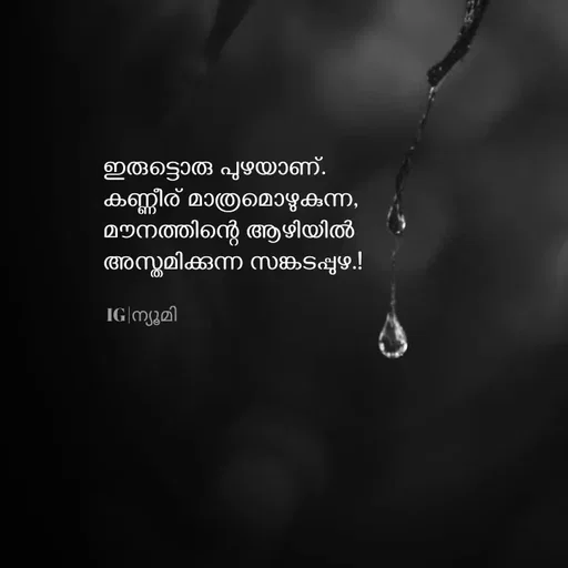 Quote by Ⓩ︎ⓐ︎ⓘ︎ⓝ︎ - ഇരുട്ടൊരു പുഴയാണ്.
കണ്ണീര് മാത്രമൊഴുകുന്ന,
മൗനത്തിന്റെ ആഴിയിൽ
അസ്തമിക്കുന്ന സങ്കടപ്പുഴ.!
IG|ന്യൂമി  - Made using Quotes Creator App, Post Maker App