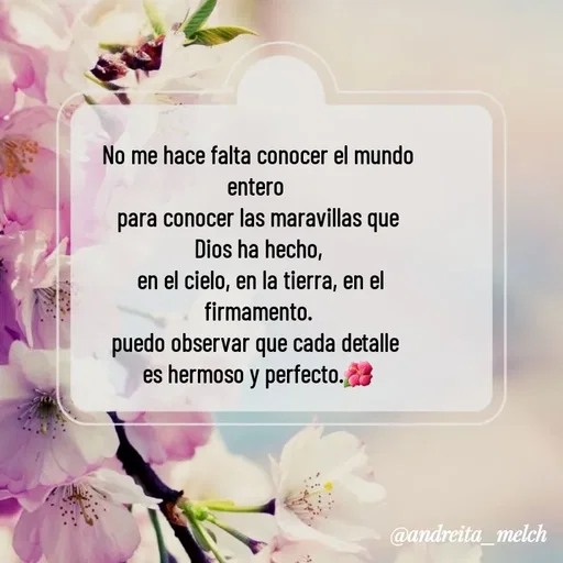 Quote by Andreita_melch - No me hace falta conocer el mundo entero 
para conocer las maravillas que Dios ha hecho,
 en el cielo, en la tierra, en el firmamento.
puedo observar que cada detalle 
es hermoso y perfecto.🌺 - Made using Quotes Creator App, Post Maker App