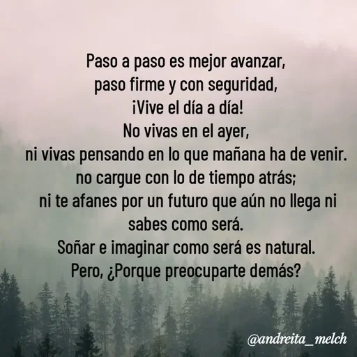 Quote by Andreita_melch - Paso a paso es mejor avanzar,
paso firme y con seguridad,
 ¡Vive el día a día!
No vivas en el ayer,
ni vivas pensando en lo que mañana ha de venir.
no cargue con lo de tiempo atrás;
 ni te afanes por un futuro que aún no llega ni sabes como será.
Soñar e imaginar como será es natural.
Pero, ¿Porque preocuparte demás? - Made using Quotes Creator App, Post Maker App