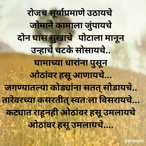 Quote by Amol Kalaskar - रोजच सूर्याप्रमाणे उठायचे 
जोमाने कामाला जुंपायचे
दोन घास सुखाचे   पोटाला मानून
उन्हाचे चटके सोसायचे..
घामाच्या धारांना पुसून
ओठांवर हसू आणायचे...
जगण्यातल्या कोड्यांना सतत् सोडायचे..
तारेवरच्या कसरतीत् स्वतःला विसरायचे...
कट्यात राहूनही ओठांवर हसू उमलायचे ओठांवर हसू उमलायचे.... - Made using Quotes Creator App, Post Maker App