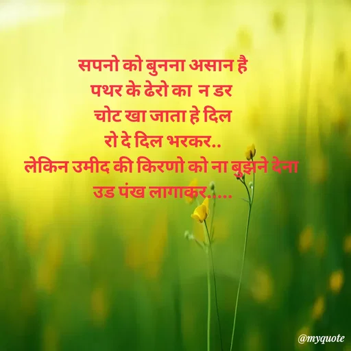 Quote by Amol Kalaskar - सपनो को बुनना असान है
पथर के ढेरो का  न डर 
चोट खा जाता हे दिल
रो दे दिल भरकर..
लेकिन उमीद की किरणो को ना बुझने देना 
उड पंख लागाकर..... - Made using Quotes Creator App, Post Maker App