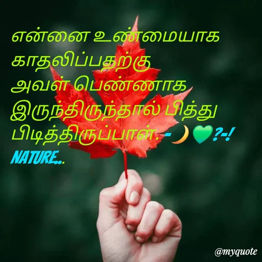 Quote by NILA.M NILA.M - என்னை உண்மையாக காதலிப்பதற்கு அவள் பெண்ணாக இருந்திருந்தால் பித்து பிடித்திருப்பாள். -🌙💚?-!Nature... - Made using Quotes Creator App, Post Maker App